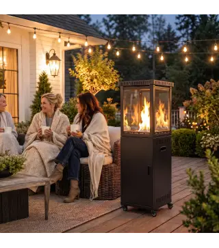 Estufa de Gas para Terraza 13 kW con Encendido Piezoeléctrico Antivuelco 4 Ruedas Vidrio Templado Piedras de Lava Negro