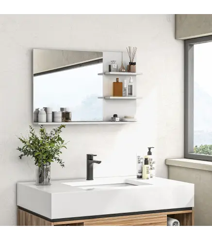 Espejo de Baño de Pared con 2 Estantes Laterales y Estante Inferior para Entrada Pasillo 75x10x48 cm Blanco