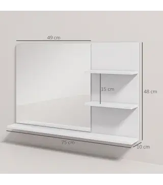 Espejo de Baño de Pared con 2 Estantes Laterales y Estante Inferior para Entrada Pasillo 75x10x48 cm Blanco