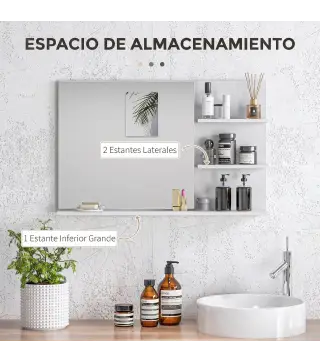 Espejo de Baño de Pared con 2 Estantes Laterales y Estante Inferior para Entrada Pasillo 75x10x48 cm Blanco