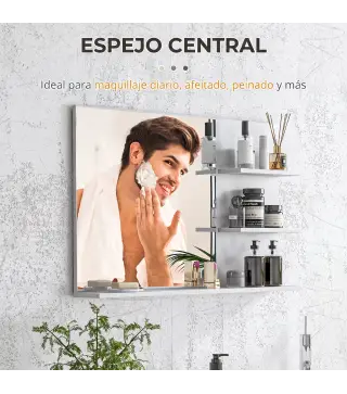 Espejo de Baño de Pared con 2 Estantes Laterales y Estante Inferior para Entrada Pasillo 75x10x48 cm Blanco