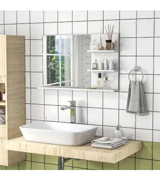 Espejo de Baño de Pared con 2 Estantes Laterales y Estante Inferior para Entrada Pasillo 75x10x48 cm Blanco