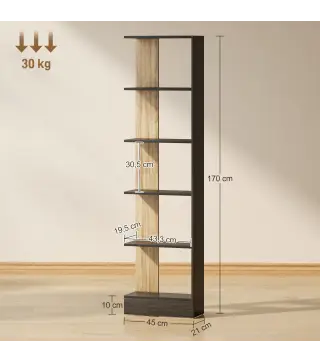 Estantería de 5 Niveles Librería Estrecha para Espacios Pequeños 45x21x170 cm Negro y Roble