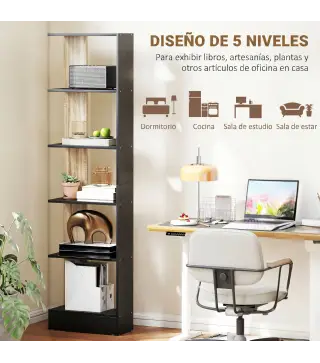 Estantería de 5 Niveles Librería Estrecha para Espacios Pequeños 45x21x170 cm Negro y Roble