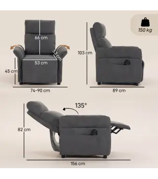 Sillón de Masaje con Calor Reclinación por Empuje 135° Reposapiés Reposabrazos Ajustables y 2 Bolsillos Gris Oscuro
