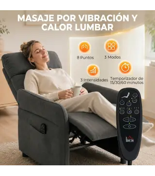 Sillón de Masaje con Calor Reclinación por Empuje 135° Reposapiés Reposabrazos Ajustables y 2 Bolsillos Gris Oscuro