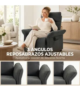 Sillón de Masaje con Calor Reclinación por Empuje 135° Reposapiés Reposabrazos Ajustables y 2 Bolsillos Gris Oscuro