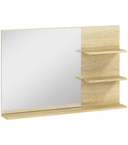 Espejo de Baño de Pared con 2 Estantes Laterales y Estante Inferior para Entrada Pasillo 75x10x48 cm Madera Natural