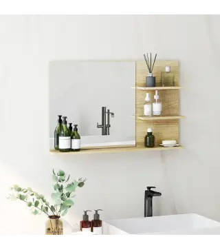 Espejo de Baño de Pared con 2 Estantes Laterales y Estante Inferior para Entrada Pasillo 75x10x48 cm Madera Natural