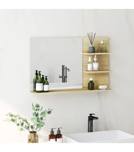 Espejo de Baño de Pared con 2 Estantes Laterales y Estante Inferior para Entrada Pasillo 75x10x48 cm Madera Natural
