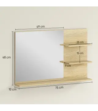 Espejo de Baño de Pared con 2 Estantes Laterales y Estante Inferior para Entrada Pasillo 75x10x48 cm Madera Natural