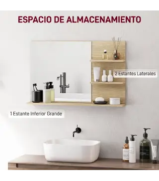 Espejo de Baño de Pared con 2 Estantes Laterales y Estante Inferior para Entrada Pasillo 75x10x48 cm Madera Natural
