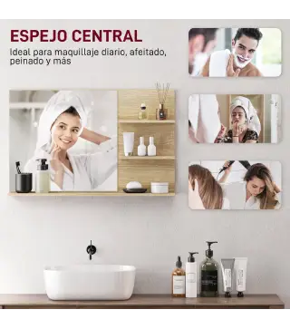 Espejo de Baño de Pared con 2 Estantes Laterales y Estante Inferior para Entrada Pasillo 75x10x48 cm Madera Natural