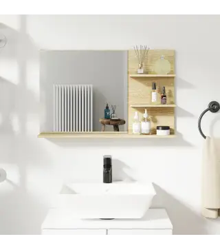 Espejo de Baño de Pared con 2 Estantes Laterales y Estante Inferior para Entrada Pasillo 75x10x48 cm Madera Natural