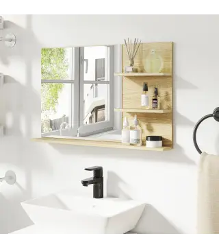 Espejo de Baño de Pared con 2 Estantes Laterales y Estante Inferior para Entrada Pasillo 75x10x48 cm Madera Natural