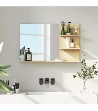 Espejo de Baño de Pared con 2 Estantes Laterales y Estante Inferior para Entrada Pasillo 75x10x48 cm Madera Natural