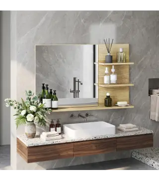 Espejo de Baño de Pared con 2 Estantes Laterales y Estante Inferior para Entrada Pasillo 75x10x48 cm Madera Natural
