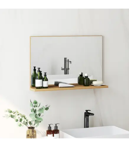 Espejo de Baño de Pared con Estante Abierto Estilo Moderno para Entrada Pasillo 60x12x40 cm Madera Natural