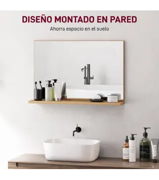 Espejo de Baño de Pared con Estante Abierto Estilo Moderno para Entrada Pasillo 60x12x40 cm Madera Natural