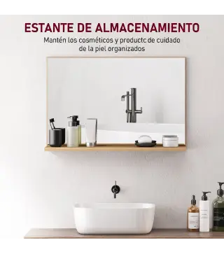 Espejo de Baño de Pared con Estante Abierto Estilo Moderno para Entrada Pasillo 60x12x40 cm Madera Natural