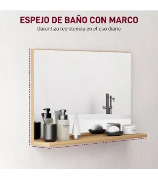Espejo de Baño de Pared con Estante Abierto Estilo Moderno para Entrada Pasillo 60x12x40 cm Madera Natural