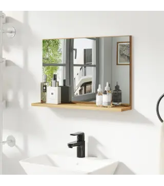 Espejo de Baño de Pared con Estante Abierto Estilo Moderno para Entrada Pasillo 60x12x40 cm Madera Natural