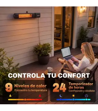 Calefactor Infrarrojos Terraza 2000 W con Funda IP65 Control por App/Táctil/Mando 9 Niveles de Calor y Temporizador