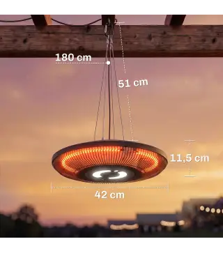 Calefactor por Infrarrojos Terraza Colgante 2000 W con Luz LED Control por Táctil/Mando 2 Niveles Calor y Temporizador