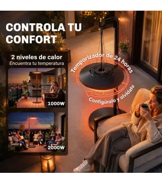 Calefactor por Infrarrojos Terraza Colgante 2000 W con Luz LED Control por Táctil/Mando 2 Niveles Calor y Temporizador