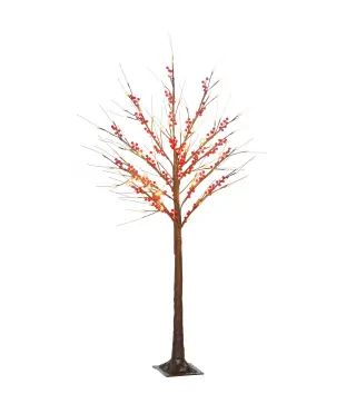 Árbol de Abedul Artificial 150 cm con 96 Luces LED Blanco Cálido Bayas Rojas Temporizador y 12 Ramas Flexibles Marrón