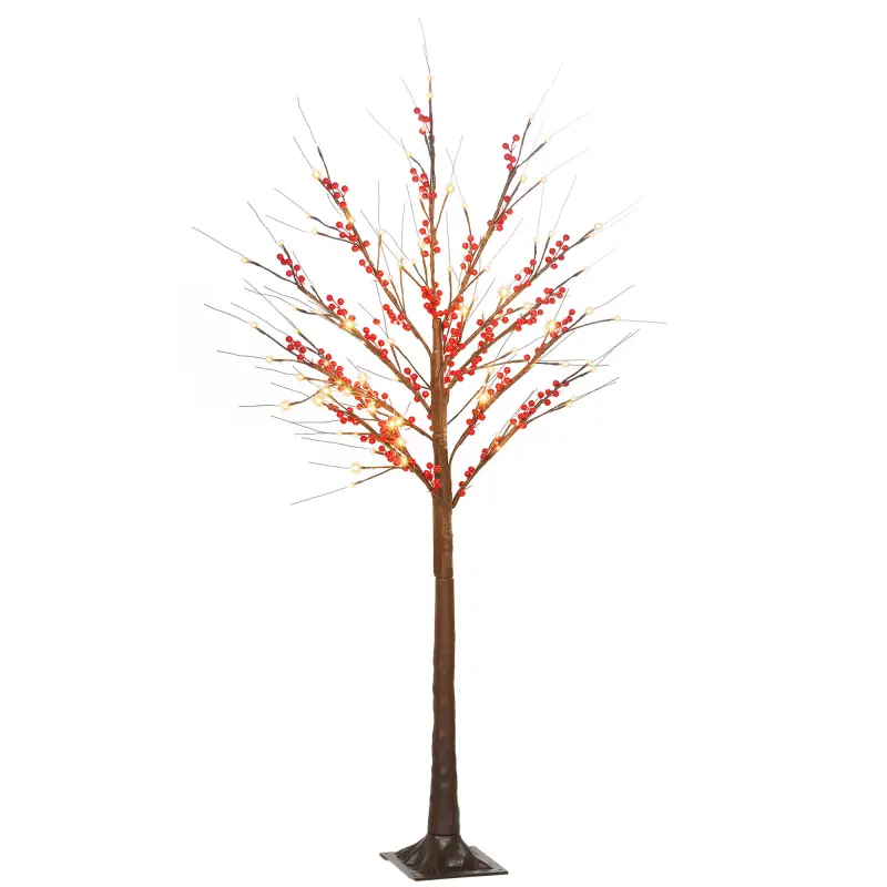 Árbol de Abedul Artificial 150 cm con 96 Luces LED Blanco Cálido Bayas Rojas Temporizador y 12 Ramas Flexibles Marrón Árbol de Abedul Artificial 150 cm con 96 Luces LED Blanco Cálido Bayas Rojas Temporizador y 12 Ramas Flexibles Marrón
