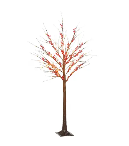 Árbol de Abedul Artificial 150 cm con 96 Luces LED Blanco Cálido Bayas Rojas Temporizador y 12 Ramas Flexibles Marrón