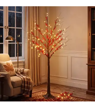Árbol de Abedul Artificial 150 cm con 96 Luces LED Blanco Cálido Bayas Rojas Temporizador y 12 Ramas Flexibles Marrón