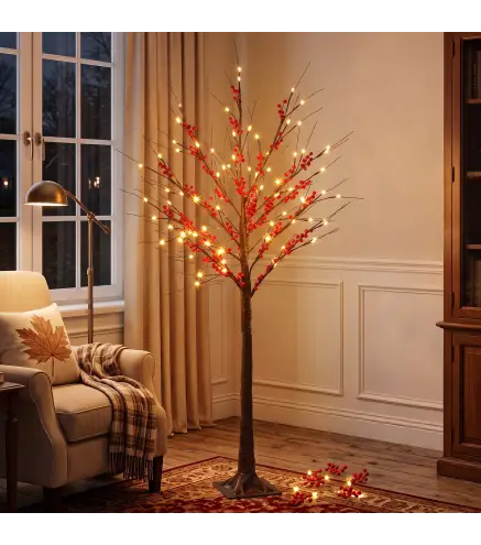 Árbol de Abedul Artificial 150 cm con 96 Luces LED Blanco Cálido Bayas Rojas Temporizador y 12 Ramas Flexibles Marrón