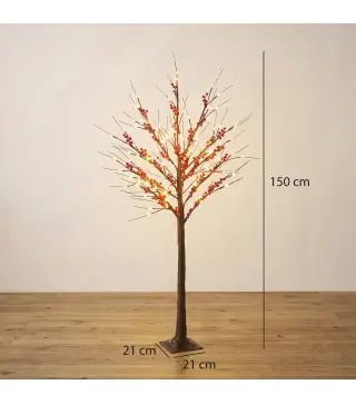 Árbol de Abedul Artificial 150 cm con 96 Luces LED Blanco Cálido Bayas Rojas Temporizador y 12 Ramas Flexibles Marrón