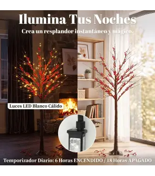 Árbol de Abedul Artificial 150 cm con 96 Luces LED Blanco Cálido Bayas Rojas Temporizador y 12 Ramas Flexibles Marrón