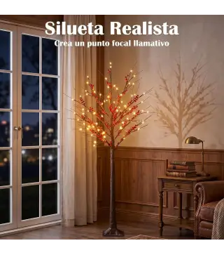 Árbol de Abedul Artificial 150 cm con 96 Luces LED Blanco Cálido Bayas Rojas Temporizador y 12 Ramas Flexibles Marrón