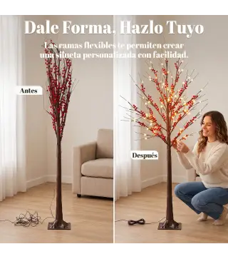 Árbol de Abedul Artificial 150 cm con 96 Luces LED Blanco Cálido Bayas Rojas Temporizador y 12 Ramas Flexibles Marrón