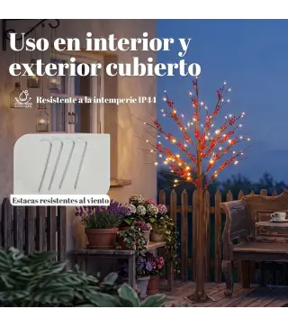 Árbol de Abedul Artificial 150 cm con 96 Luces LED Blanco Cálido Bayas Rojas Temporizador y 12 Ramas Flexibles Marrón