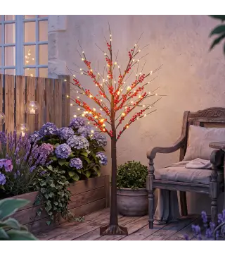 Árbol de Abedul Artificial 150 cm con 96 Luces LED Blanco Cálido Bayas Rojas Temporizador y 12 Ramas Flexibles Marrón