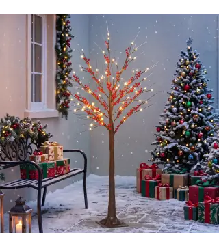 Árbol de Abedul Artificial 150 cm con 96 Luces LED Blanco Cálido Bayas Rojas Temporizador y 12 Ramas Flexibles Marrón