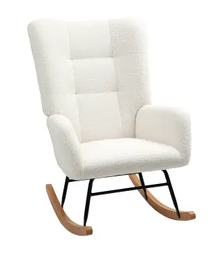 Silla Mecedora Tapizado de Terciopelo Teddy con Reposabrazos Acolchado Grueso Patas de Madera Crema