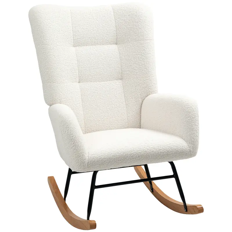 Silla Mecedora Tapizado de Terciopelo Teddy con Reposabrazos Acolchado Grueso Patas de Madera Crema