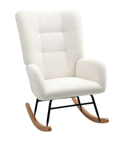 Silla Mecedora Tapizado de Terciopelo Teddy con Reposabrazos Acolchado Grueso Patas de Madera Crema