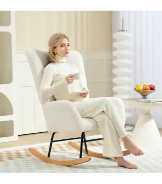 Silla Mecedora Tapizado de Terciopelo Teddy con Reposabrazos Acolchado Grueso Patas de Madera Crema