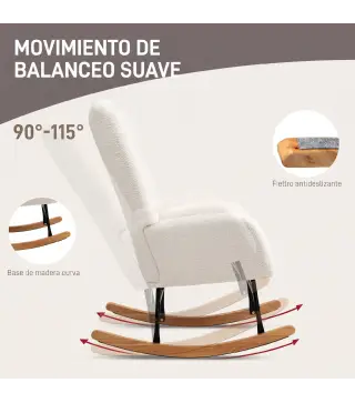 Silla Mecedora Tapizado de Terciopelo Teddy con Reposabrazos Acolchado Grueso Patas de Madera Crema