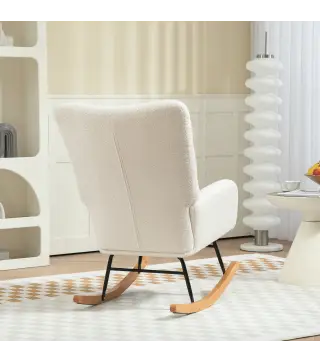 Silla Mecedora Tapizado de Terciopelo Teddy con Reposabrazos Acolchado Grueso Patas de Madera Crema