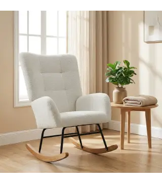 Silla Mecedora Tapizado de Terciopelo Teddy con Reposabrazos Acolchado Grueso Patas de Madera Crema
