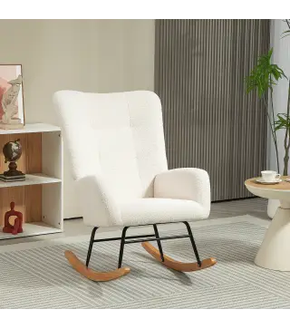 Silla Mecedora Tapizado de Terciopelo Teddy con Reposabrazos Acolchado Grueso Patas de Madera Crema