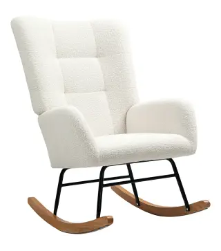 Silla Mecedora Tapizado de Terciopelo Teddy con Reposabrazos Acolchado Grueso Patas de Madera Crema